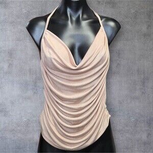 Womens Tank Top Large Beige Cowl Neck Ruched Draped Halter Cami Top Club Dance